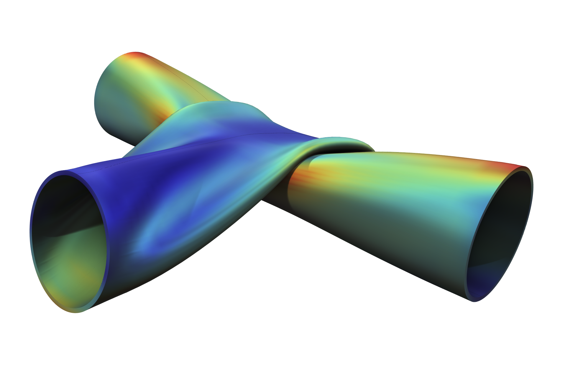 结构分析可视化机械接触中两个金属管的应力和变形。