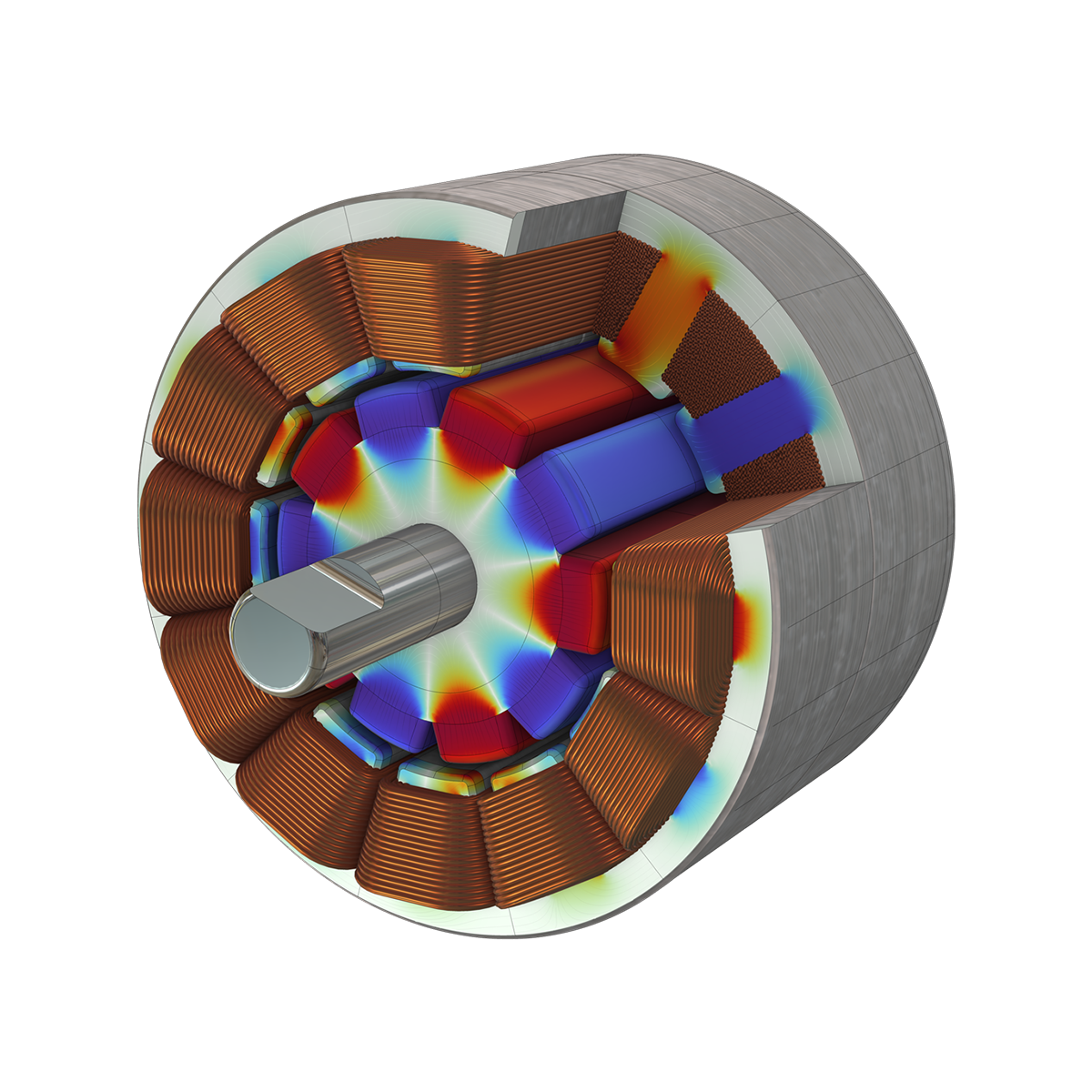用铜线圈和彩虹芯可视化的3D永久磁铁电动机模型。