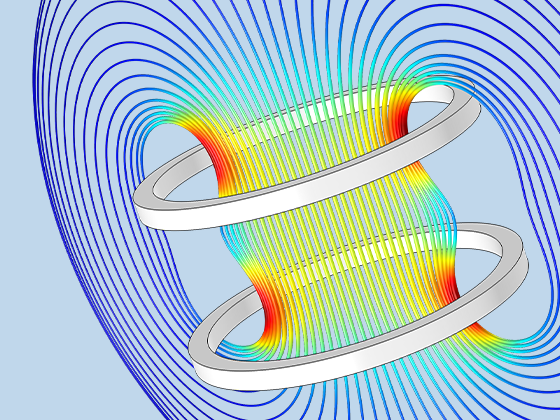 Helmholtz线圈模型的详细视图显示了磁场。