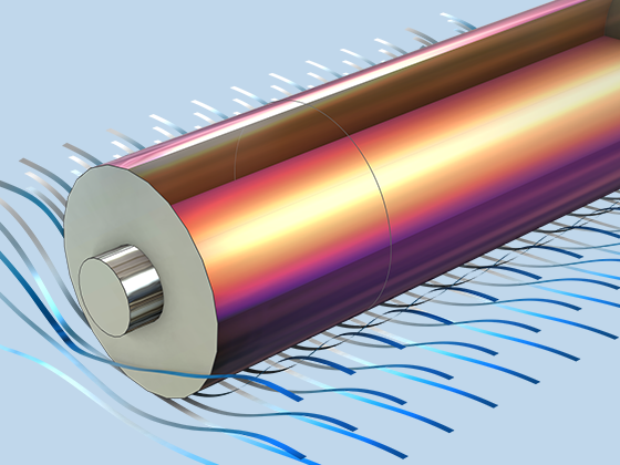 圆柱电池模型的温度和流动的详细视图。