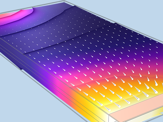 矩形锂离子电池袋电池模型，显示了热摄像头颜色表中的电流分布。