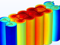 电池组模型的12个圆柱电池，彩虹中显示的温度。