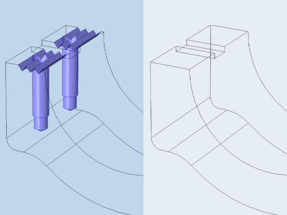 在有和没有凹槽和孔的并排比较中显示的CAD几何形状的特写。