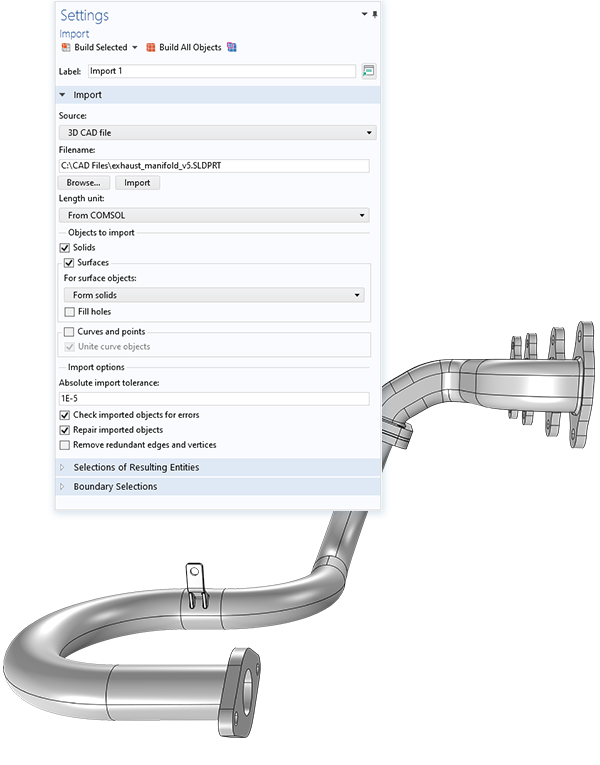 导入节点设置窗口和歧管排气CAD模型的特写视图。