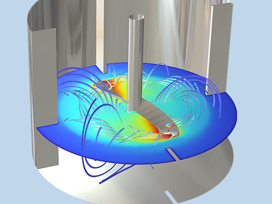 混合器模型的详细视图，显示了流体速度和流动性。
