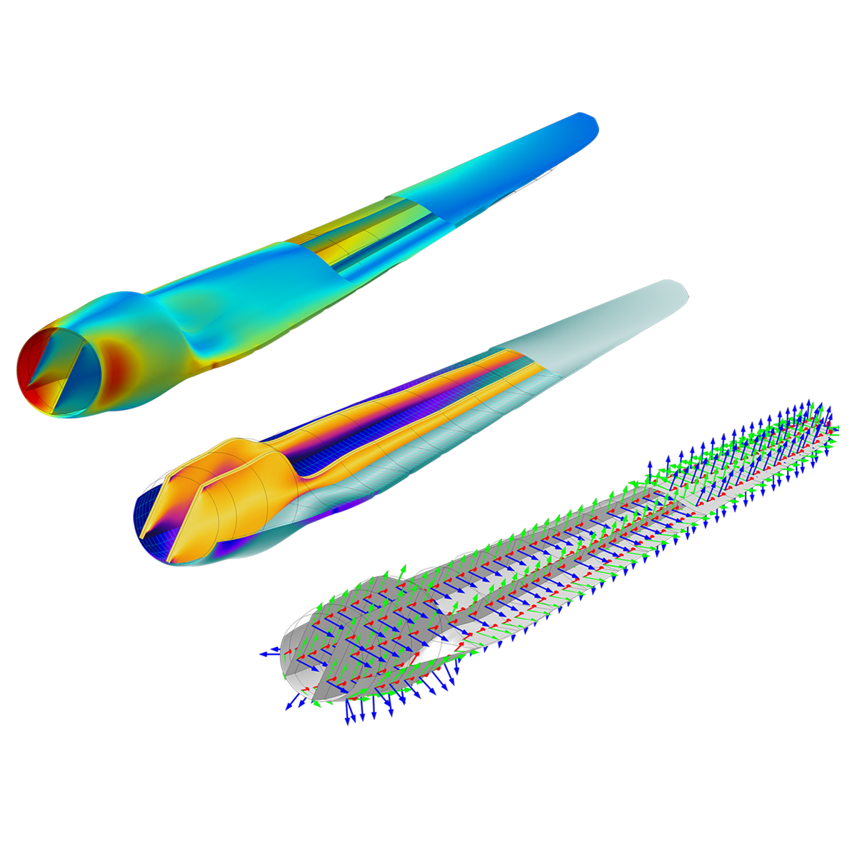 三个风力涡轮刀片显示皮肤上的应力（左），翼梁（中间）的压力以及壳局部坐标系（右）。