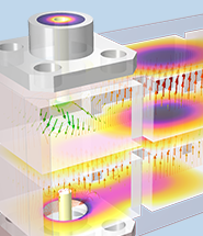 腔体滤波器模型特写特写视图，其中其中其中以以颜色表颜色表颜色表腔体内电场电场电场电场