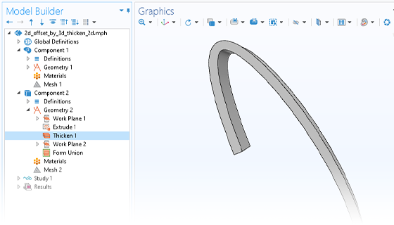模型构建器的特写视图在图形窗口中突出显示了厚度的节点和3D曲线几何形状。