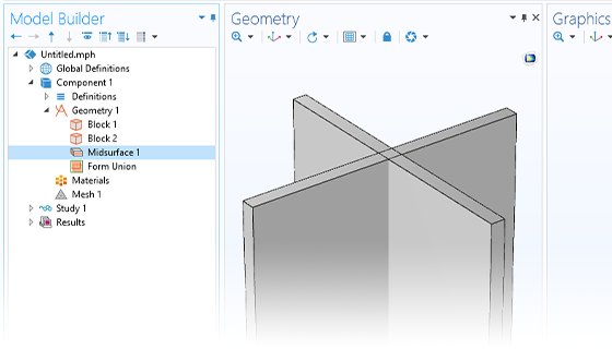 模型构建器的特写视图在图形窗口中突出显示了Midsurface节点和块几何模型。