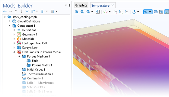 comsol多物理UI的特写视图显示了模型构建器和图形窗口，用于在热摄像机颜色表中显示的被动PEM模型。