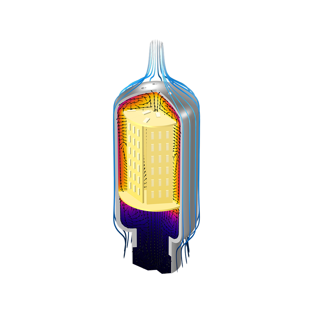 LED灯泡的模型图像显示灯泡周围的流体流动以及灯泡内的温度和流体流动。
