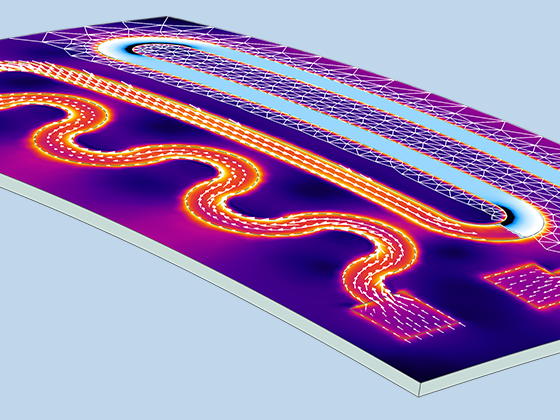 加热回路的详细视图，显示了由于焦耳效应而引起的传热和变形。
