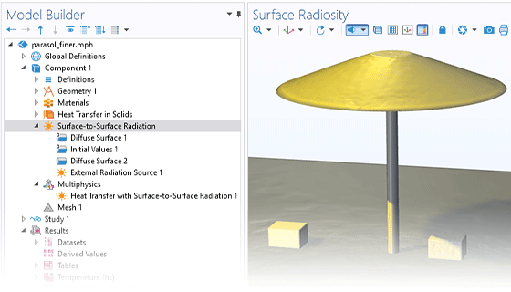 模型构建器中的地表到表面辐射界面和图形窗口显示了仿真结果：阳伞和冷却器在太阳中的表面辐射度。