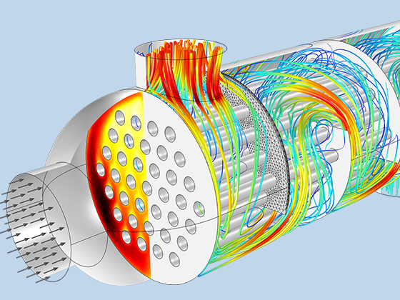 壳管热交换器的详细视图，显示流体流动线和壳边界上的传热。