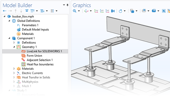 模型构建器的特写视图与SolidWorks节点的Livelink突出显示，并在图形窗口中突出显示了母线模型。