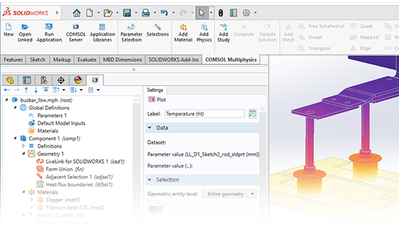 SolidWorks用户界面特写视图，comsol Multiphysics选项，“图形”窗口中模型。。。。。