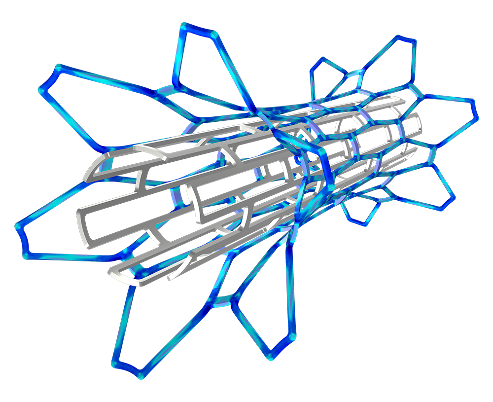 银支架模型在最大膨胀时显示蓝色应力。