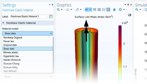 非线性弹性材料设置的特写视图以及3D和1D图的两个图形窗口。