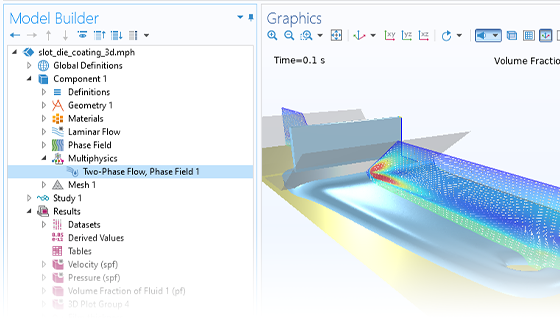 模型构建器的特写视图，带有两相流，相位场节点突出显示和插槽模型涂层模型，在图形窗口中为0.1秒。