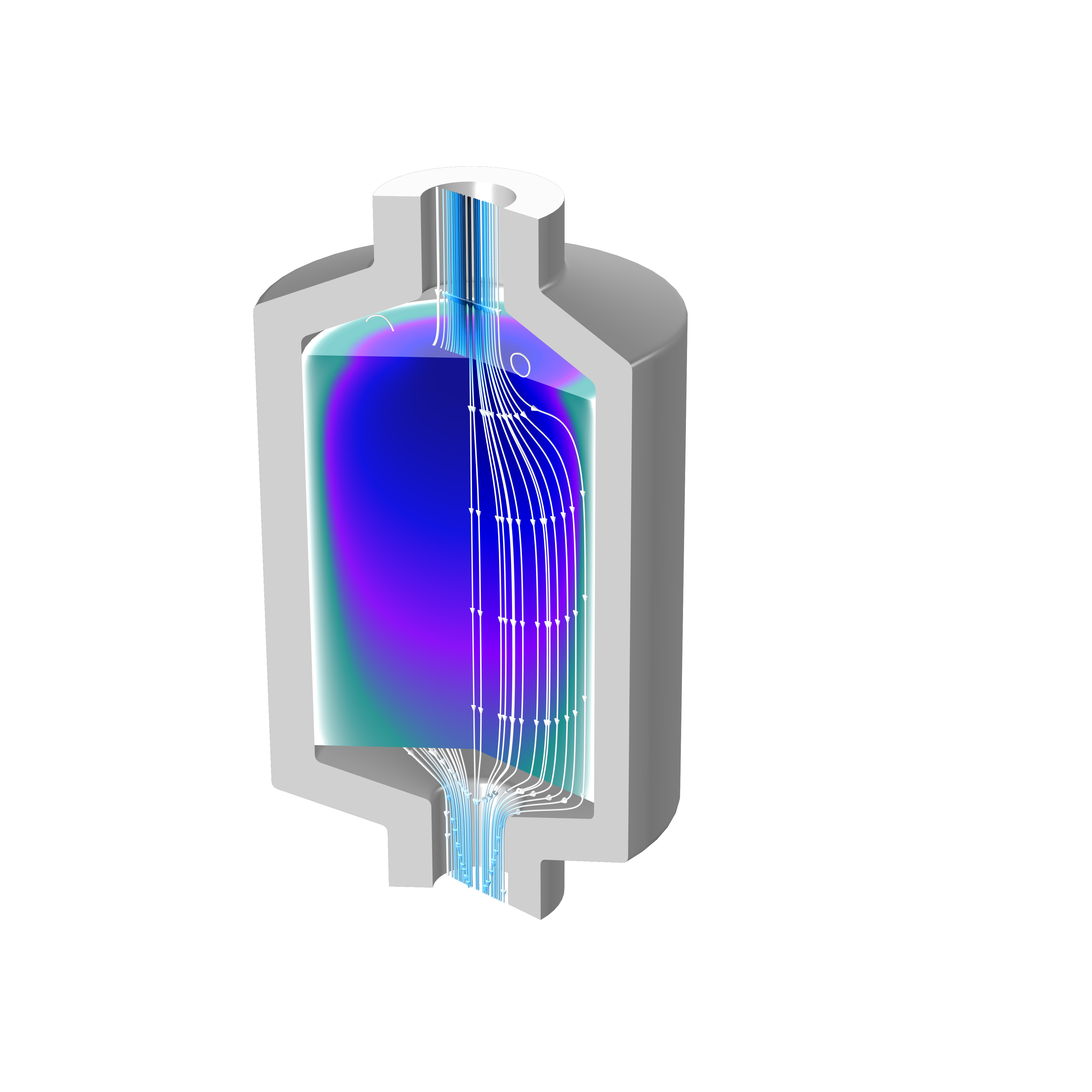 蓝绿色，紫色和蓝色梯度和白色流线显示的具有多孔介质流量的灰色储罐模型。