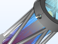 牛顿望远镜模型的特写视图显示了变形和射线轨迹。