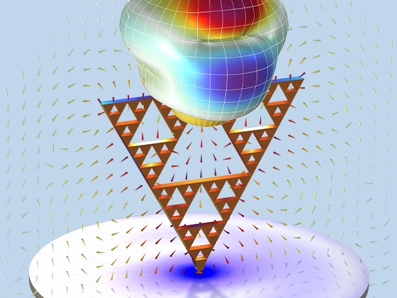 Sierpinski分形单极天线模型的特写视图，显示了电场和辐射模式。