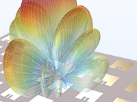 微带贴片天线模型的特写视图显示了远场辐射模式。