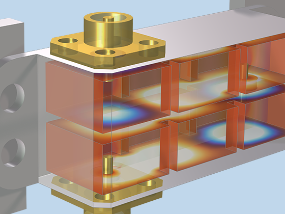 腔滤波器模型的特写视图显示了温度和热应力。