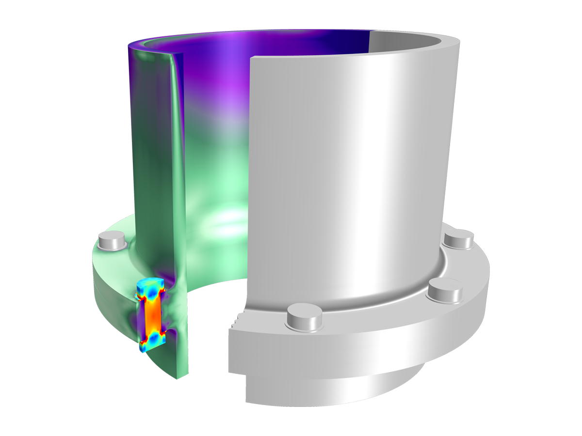 管子连接模型显示彩虹颜色表中螺栓处的应力。