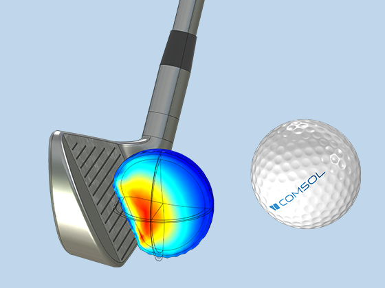 高尔夫球变形和应变分布的特写视图。