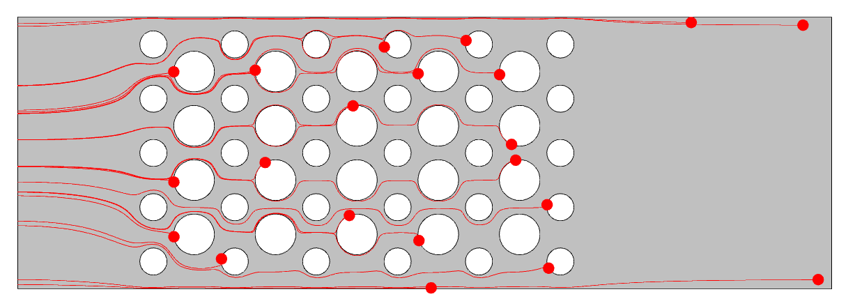 模拟末尾的层流模型的视图，以灰色可视化，其余颗粒显示为红色。