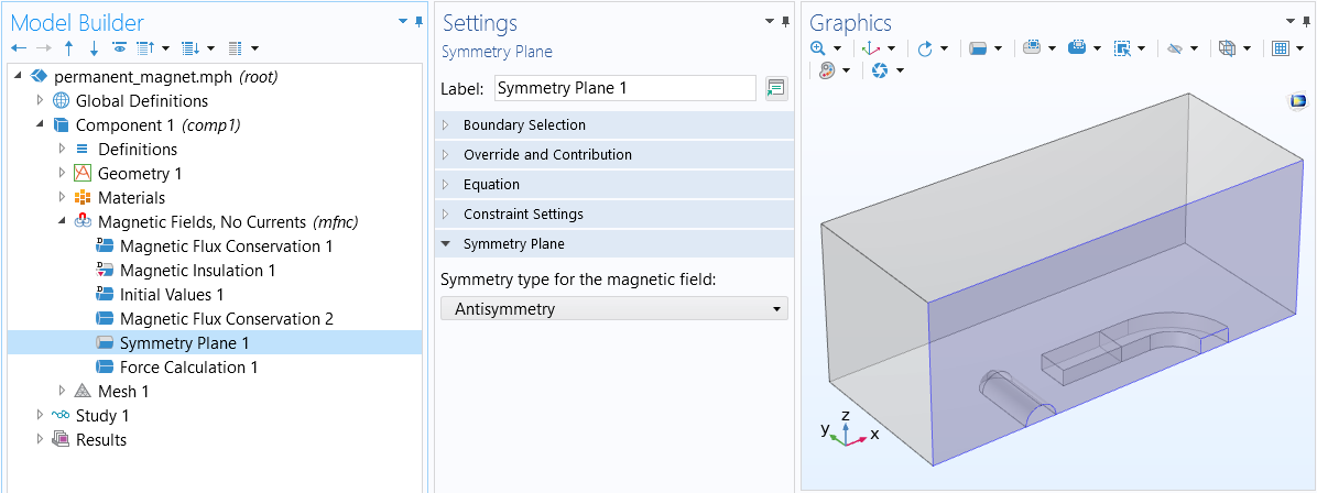 模型构建器的屏幕截图显示了图形窗口和对称平面设置中的永久磁铁教程模型。