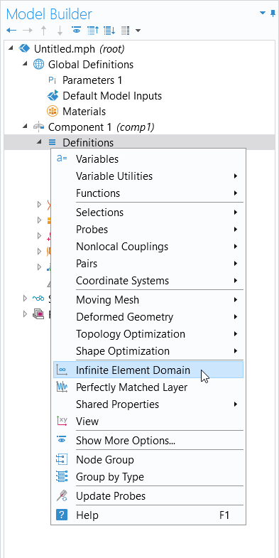 comsol多物理学中模型树的屏幕截图，其中选择了定义节点，其选项列表已扩展。