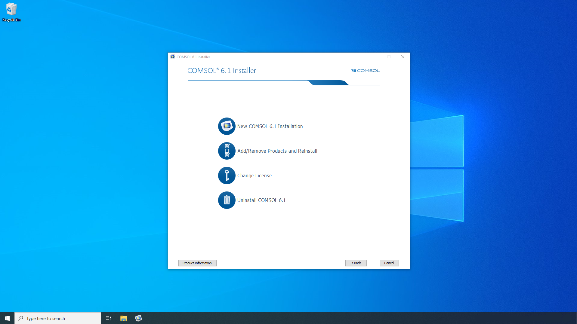 Windows <sup>®</sup>桌面的屏幕截图，并启动了Comsol安装程序。