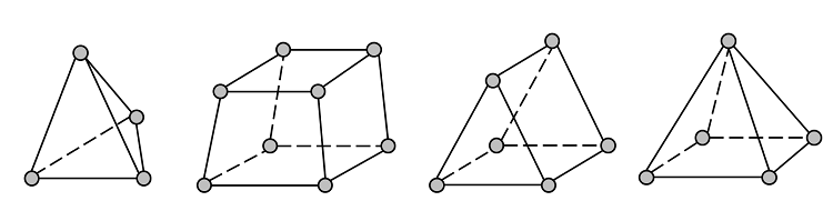 四不同网格：四四面六面，三角棱柱和金字塔形形形