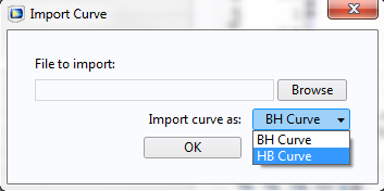 屏幕截图描绘了将曲线导入B-H曲线或H-B曲线的选项。