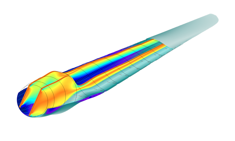 von Mises应力分布（部分隐藏）和风力涡轮复合刀片的晶石。