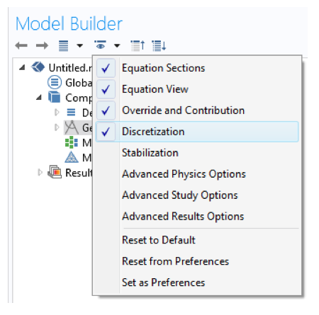 在Comsol多物理学模型构建器中选择离散化的屏幕截图。