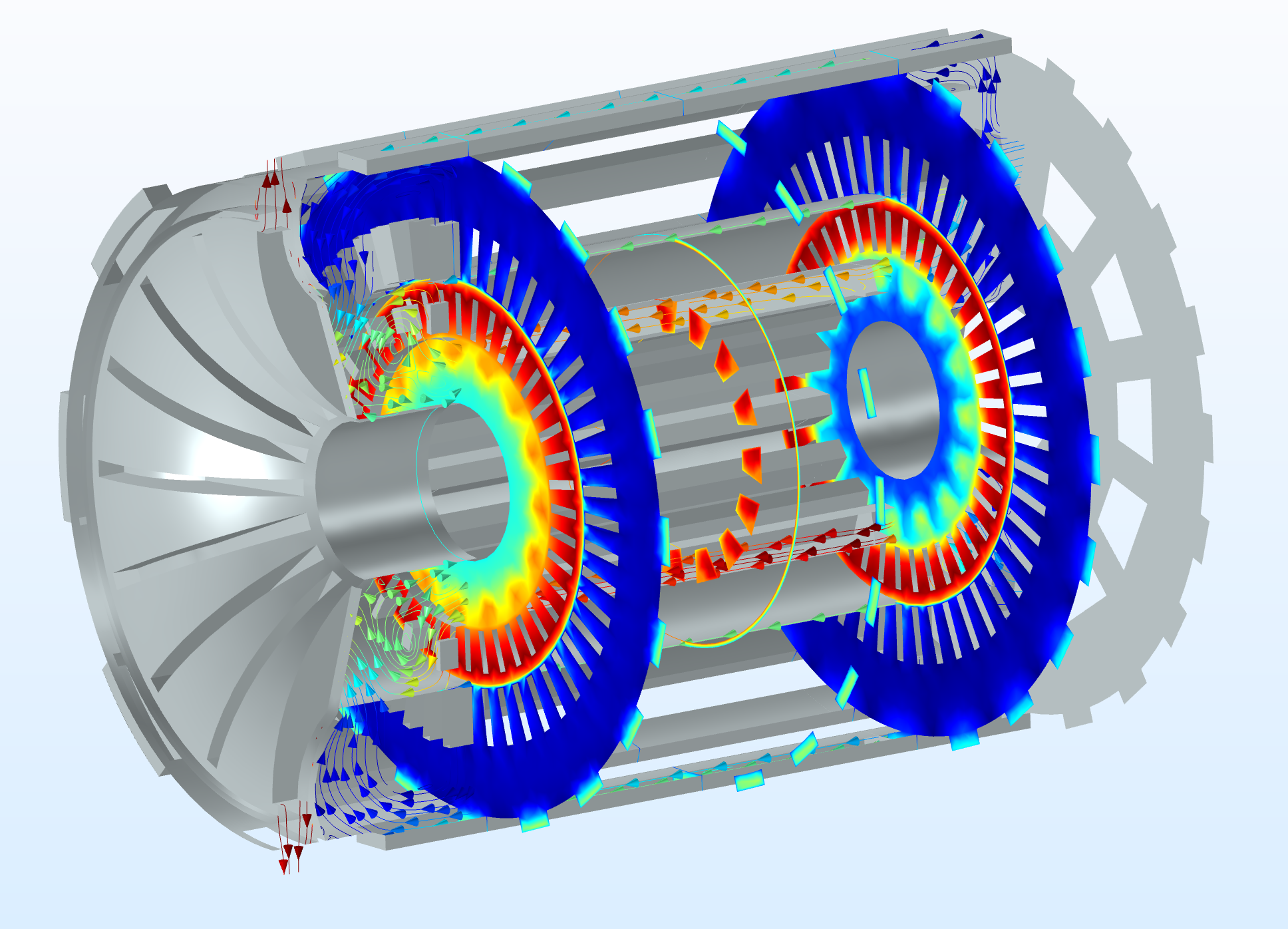 使用ComsolMultiphysics®建模的电动机中气流速度的图像。