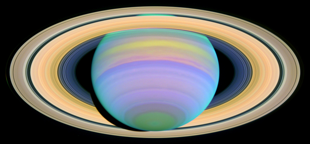 土星及其环在紫外线中的图像。