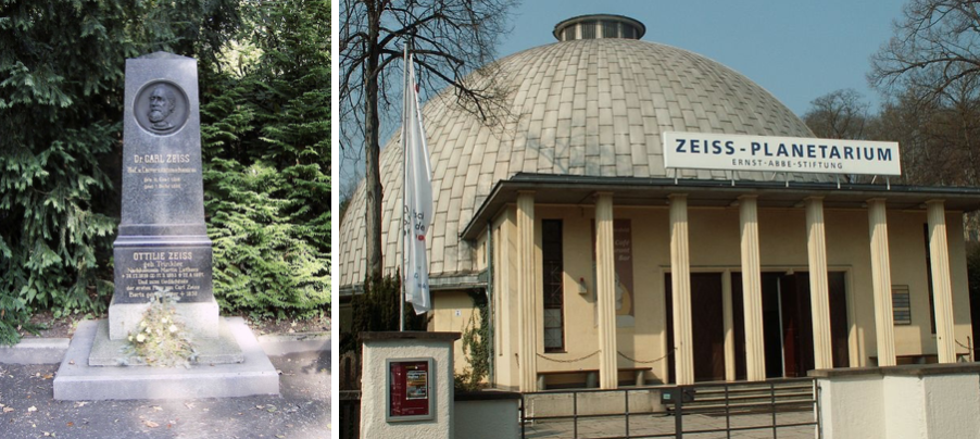 卡尔·蔡司（Carl Zeiss）的坟墓和蔡司天文馆的并排照片，都位于耶拿。