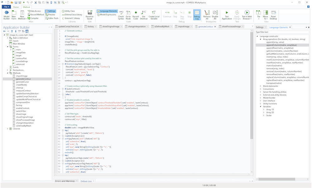 屏幕截图显示了Comsol多物理应用程序构建器中的方法编辑器。