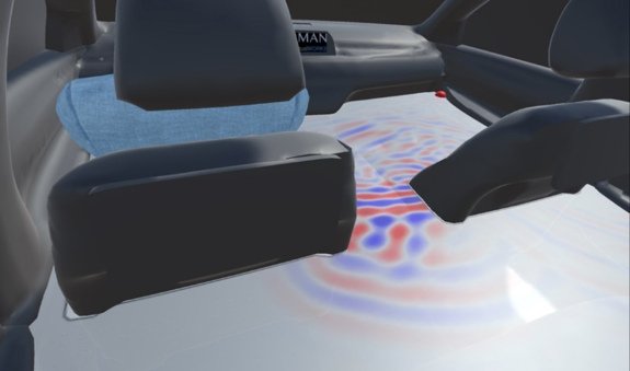 一辆汽车后座的虚拟渲染，带有红色，蓝色和白色的声学场。