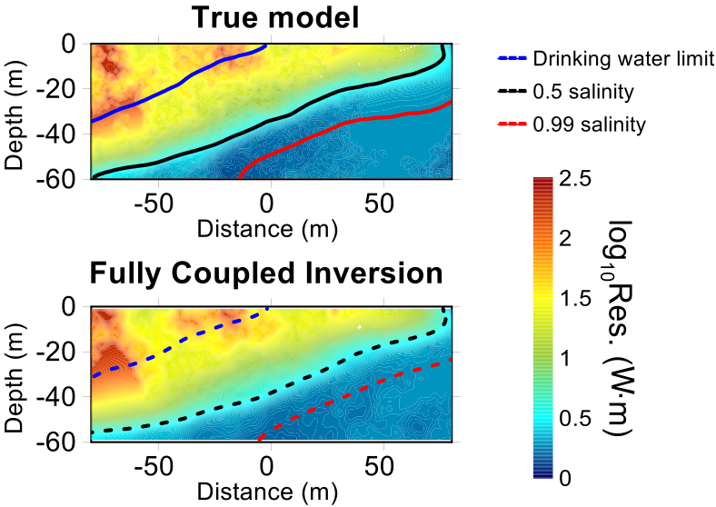将真实模型与完全耦合反转的水杂物物质模型的两个图进行了比较。