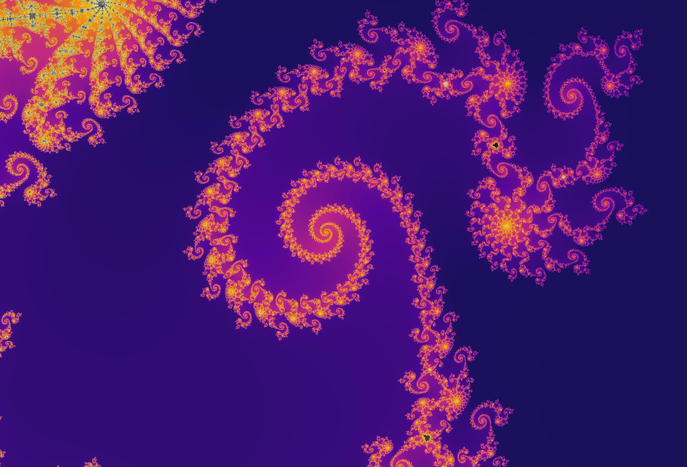 曼德布罗特套件接近边界的视图，螺旋结构的300迭代以较浅和较浅的颜色显示，并以紫色包围。
