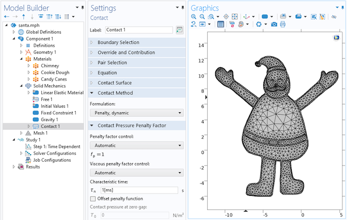 The COMSOL Multiphysics user interface with the Contact settings open and a mesh of Santa Claus in the Graphics window.