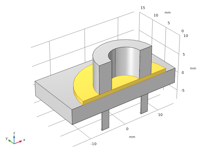 用黄色突出显示的膜的压电微型泵几何形状。