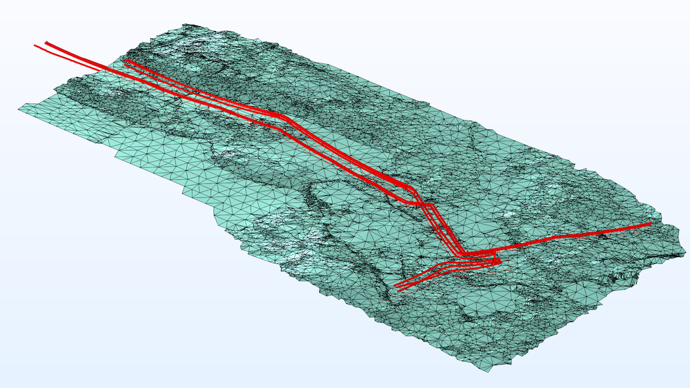 带有红色线的传输线模型的图像和蓝绿色所示的周围区域的拓扑。