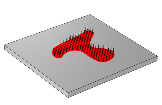 不均匀的热负荷的示意图，以红色和黑色箭头显示，涂在以灰色正方形为单位的材料上。