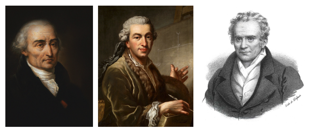 约瑟夫·路易斯·拉格朗日（Joseph-Louis Lagrange），皮埃尔·西蒙·拉普拉斯（Pierre-Simon Laplace）和加斯帕德·蒙格（Gaspard Monge）的3幅肖像，他们对约瑟夫·富斯（Joseph Fourier）产生了深远的影响。